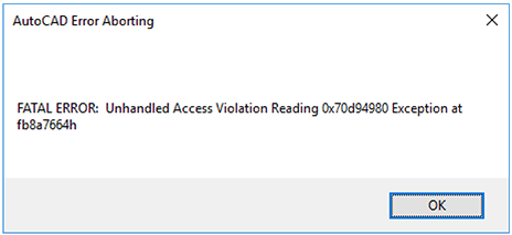 autocad unhandled access violation reading 0x0004 exception